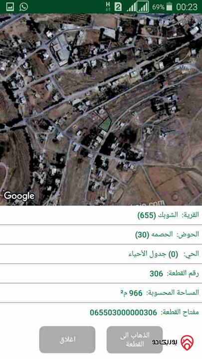 قطعة ارض مطلة مساحة 966م للبيع في الشوبك