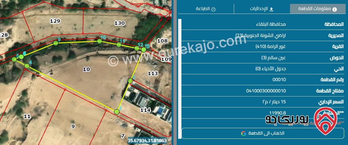 قطعة أرض مساحة 12 دونم للبيع في البحر الميت - الرامة