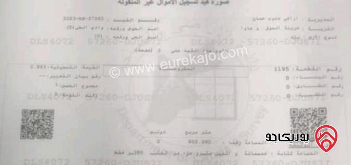 قطعة ارض مساحة 502م للبيع بجنوب عمان - منطقة جاوا وخريبة السوق مخدومة بالكامل قريبة من مغفر اليادودة بسعر جدا مغري