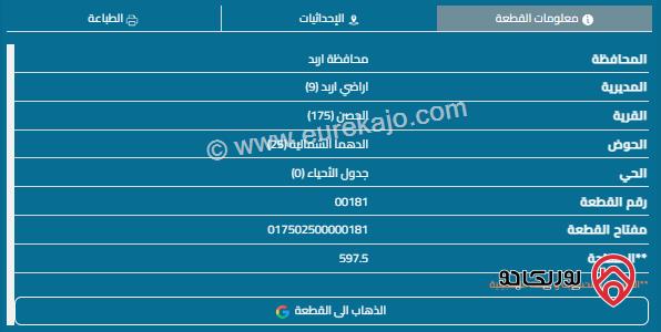 قطعة أرض مساحة 600م للبيع في اربد - الحصن 