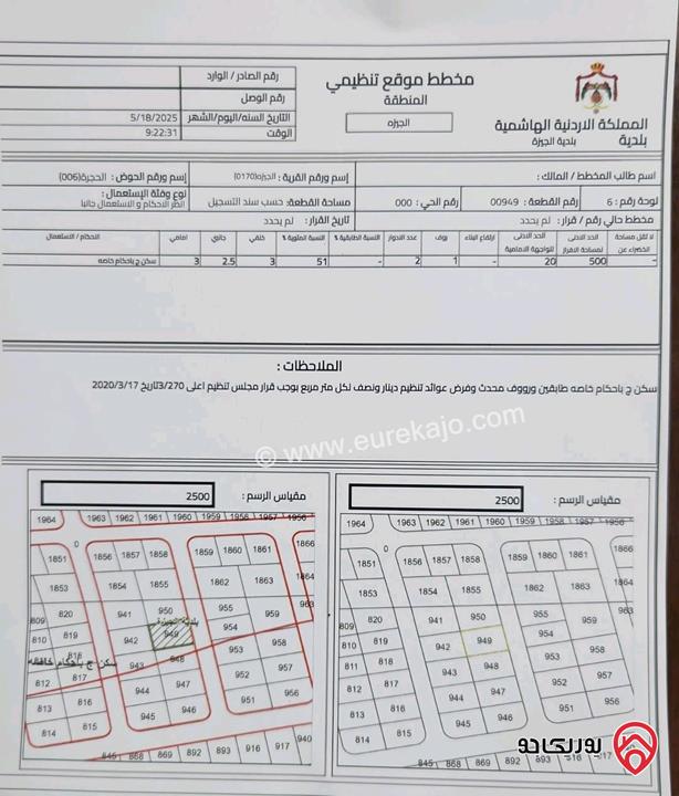 أرض سكن ج مساحة 572متر في عمان - الجيزة حوض الحجرة شرق الشارع بالقرب من مطار الملكة علياء من المالك مباشرة