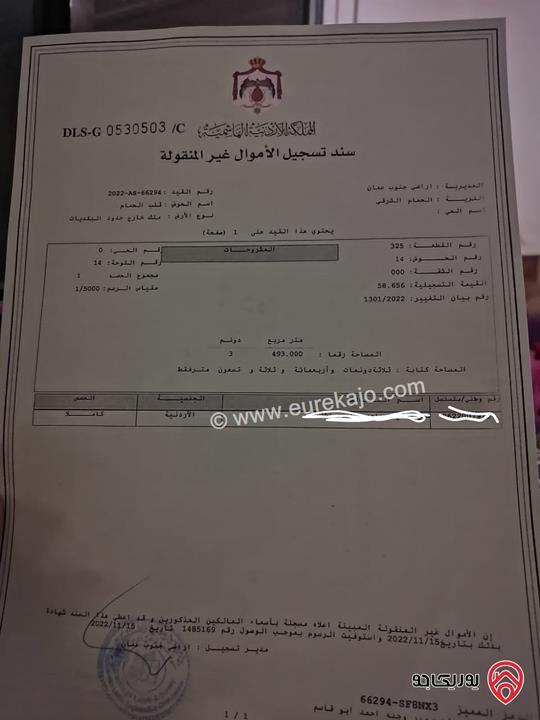 قطعة ارض مساحة 3 دونم و 493م للبيع من أراضي جنوب عمان - الحمام الشرقي