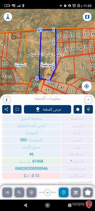 أرض مساحة 87 دونم و 458م للبيع في المفرق - أراضي البادية الشمالية 
