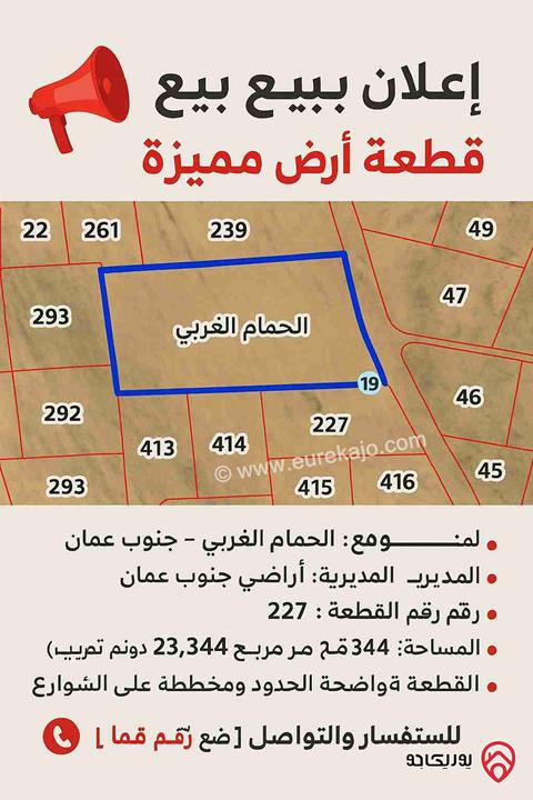 قطعة أرض مساحة 23 دونم و 344م للبيع من أراضي جنوب عمان - الحمام الغربي