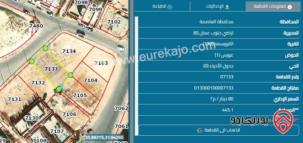فرصة استثمارية مميزة أرض سكنية مساحة 445م للبيع من أراضي جنوب عمّان – القويسمة 