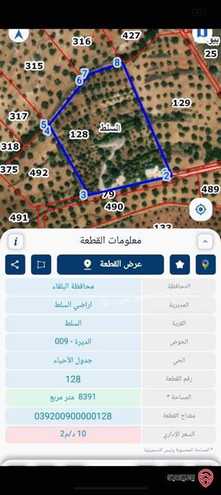 مزرعة زيتون مساحة الأرض 8 دونم و 588م و البناء مساحة 100م للبيع في السلط