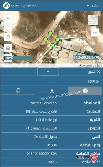 قطعة ارض مساحة 302م للبيع في ابو علندا	
