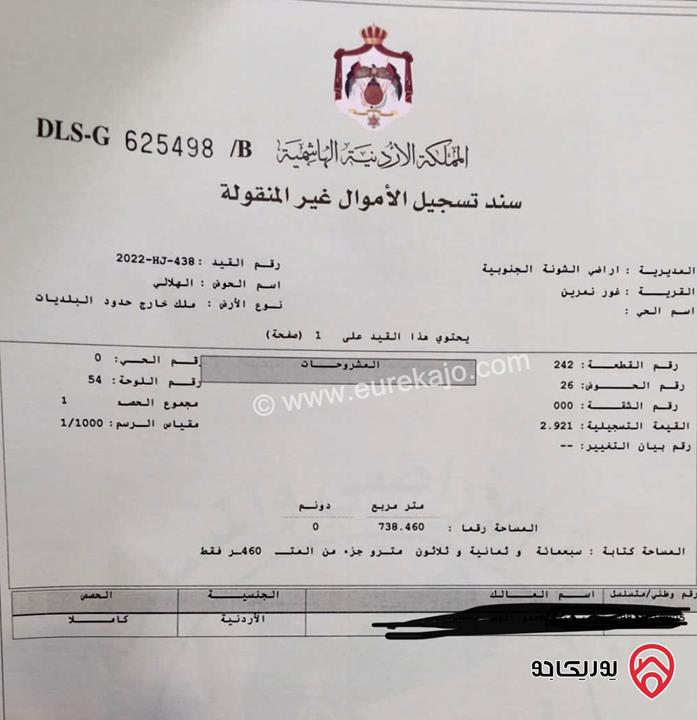 قطعة ارض مساحة 738م للبيع في الغور