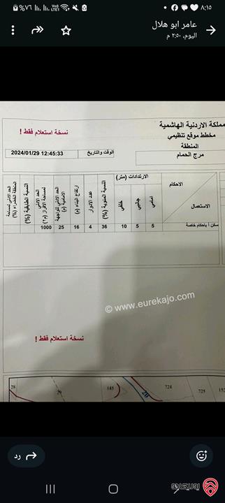 قطعة أرض مساحة 900م للبيع في عمان - مرج الحمام