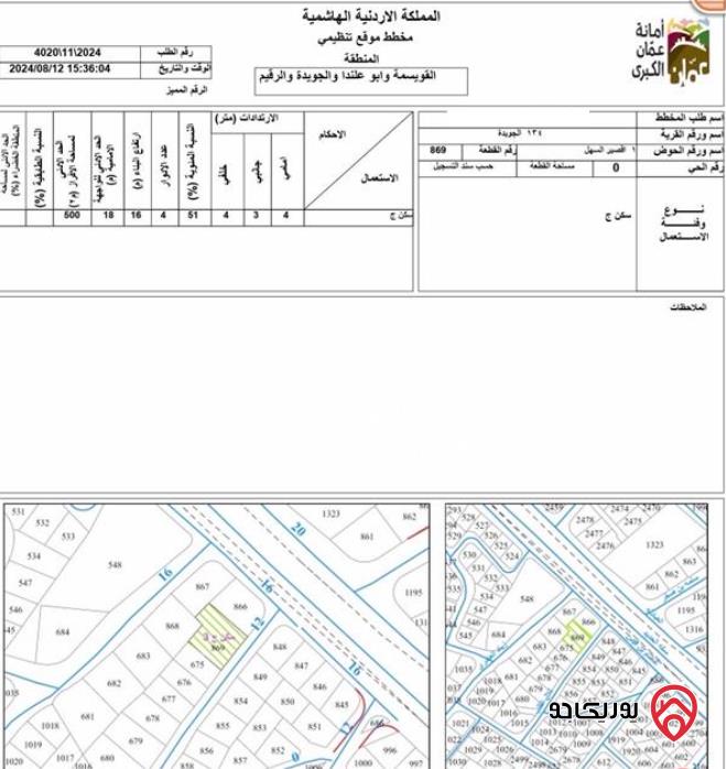 أرض مساحة 958م للبيع في عمان - الجويدة