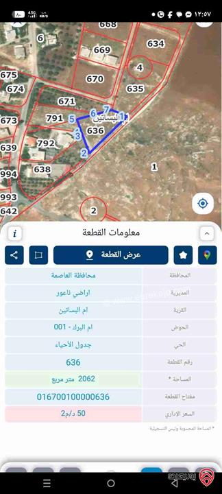 قطعة أرض مساحة 2 دونم و 62م للبيع في عمان - ناعور قرية أم البساتين خلف جامعة الزيتونة