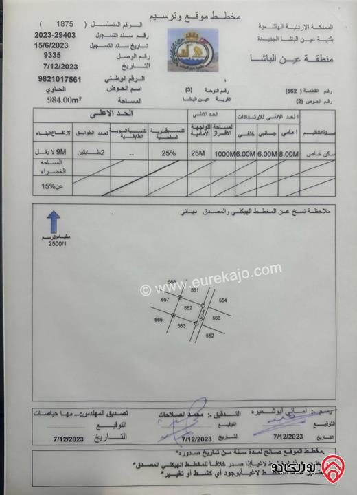 أرض سكن (أ) أحكام خاصة مساحة 984م للبيع في عمان - عين الباشا من المالك مباشرة