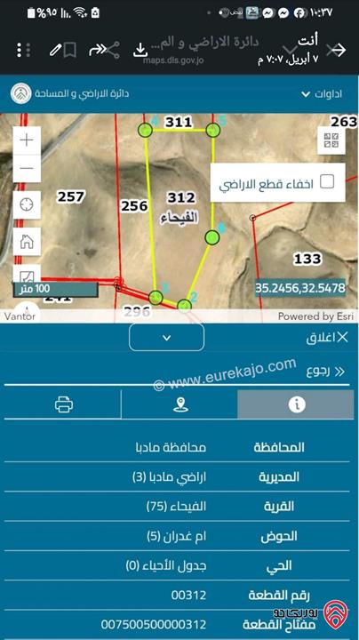 أرض مساحة 13 دونم و 275م للبيع في مادبا - الفيحاء