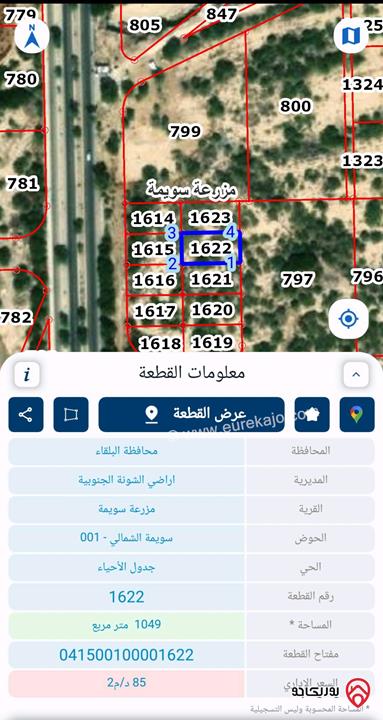 قطعة ارض تنظيم شاليهات مساحة 1049م للبيع في البحر الميت - السويمة