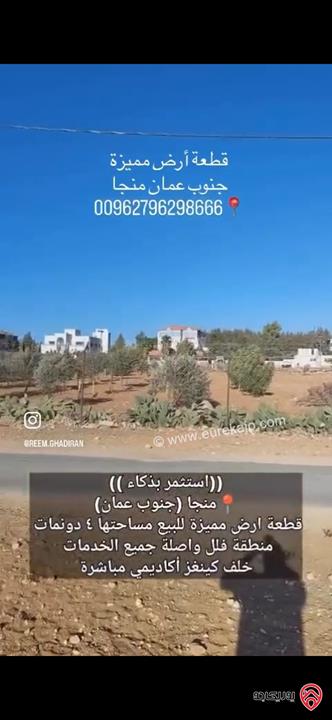 قطعة ارض مساحة 4 دونم للبيع من أراضي جنوب عمان - منجا