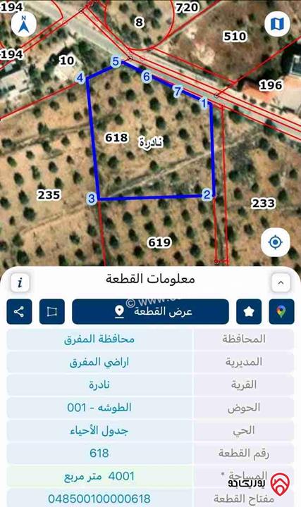 أرص مساحة 4 دونم للبيع في المفرق