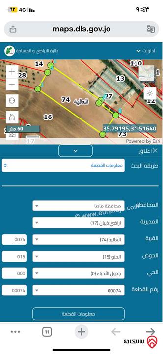 قطعة ارض مساحة 6 دونم و 200م للبيع في مادبا / ذيبان