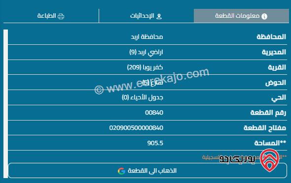 قطعة أرض مساحة  915م للبيع في اربد - كفريوبا