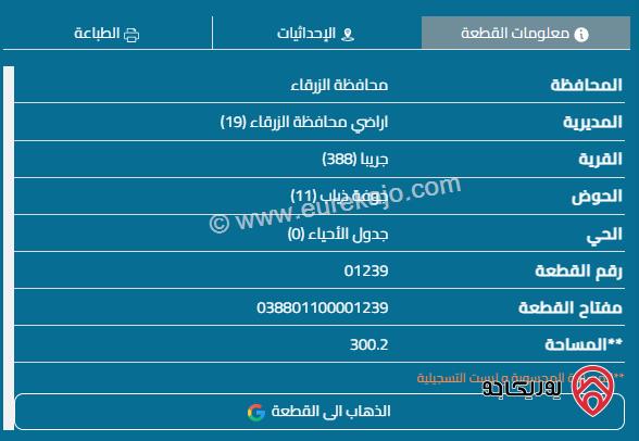 قطعة أرض على شارعين مساحة 300م للبيع في الزرقاء - جريبا حوض جوفة ذياب