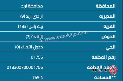 قطعة أرض مساحة 750م للبيع في اربد - بيت راس