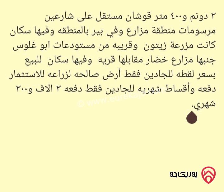 قطعه أرض مساحة 3 دونم و 400م للبيع من أراضي جنوب عمان - خان زبيب