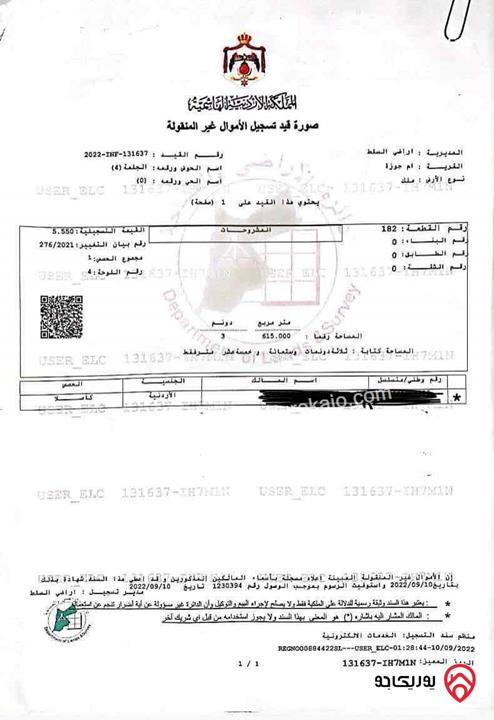 مزرعة مساحة 3617م للبيع مشغولة بالكامل في البلقاء - السلط أم جوزة