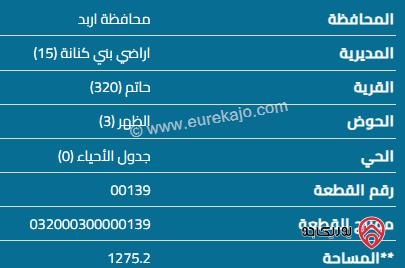 قطعة أرض مساحة 1275 م للبيع في اربد - حاتم
