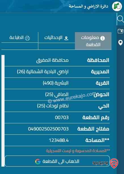 قطعة أرض مساحة 123.447 دونم سعر الدونم 3 ألاف للبيع في المفرق البشرية أراضي البادية الشمالية