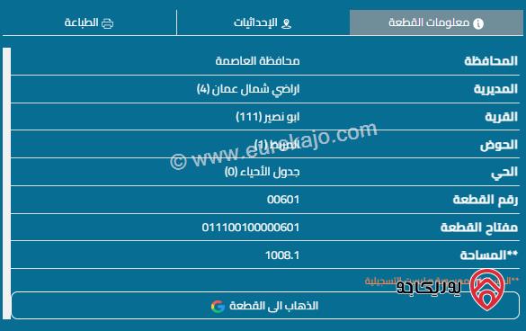 قطعة أرض مساحة 1008م للبيع في عمان - أبو نصير	