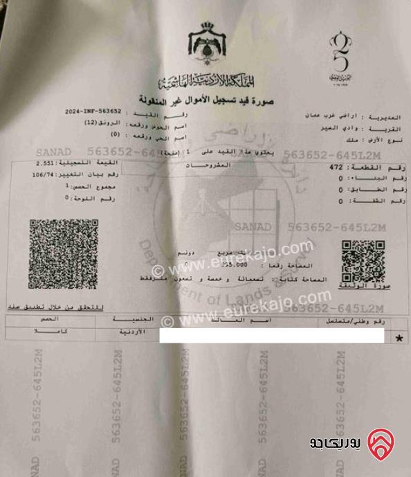 ارض مساحة 995م للبيع في عمان - البيادر حي الرونق 