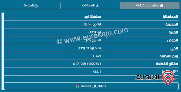 قطعة أرض مساحة 461م للبيع في اربد - السريج 