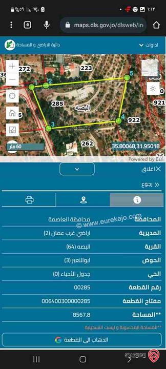 قطعة أرض استثمارية ومميزة جدا مساحة 8 دونم و 500م للبيع من أراضي غرب عمان - البصه بدر 