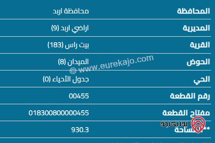 قطعة أرض مساحة 930م للبيع في اربد - بيت راس