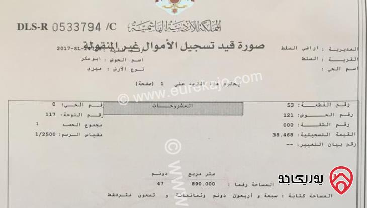 قطعتان أرض مساحة 112 دونم للبيع في السلط