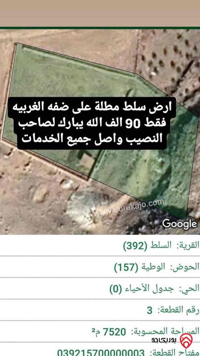 قطعة ارض مساحة 7 دونم و 520م للبيع بسعر 90 الف في السلط مطلة على الضفة الغربية اطلالة خلابة