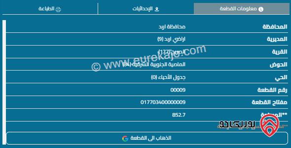 قطعة أرض مساحة 852م للبيع في اربد - الصريح 