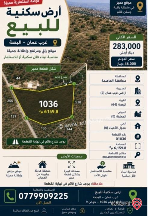 فرصة استثمارية مميزة – أرض سكنية مساحة 6 دونم و 159م للبيع من أراضي غرب عمان - البصة