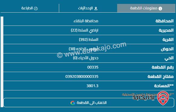 قطعة ارض مساحة 3801م للبيع في السلط 