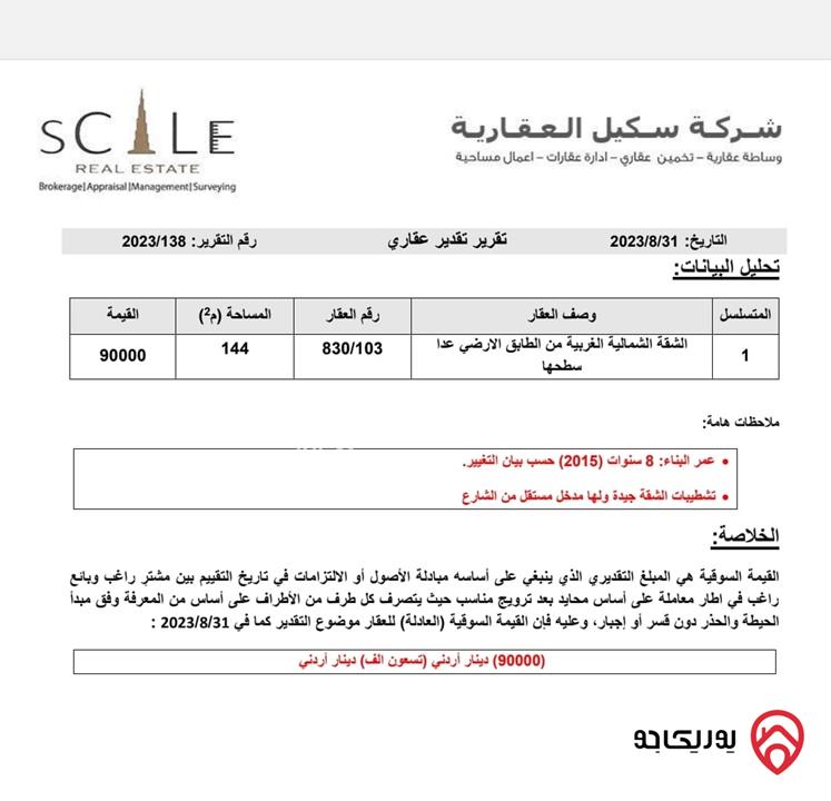 شقة مساحة 145م طابق ارضي للبيع في ضاحية الرشيد 