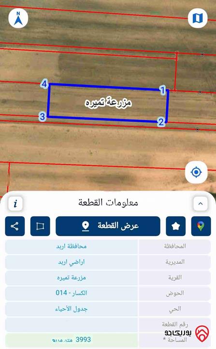 ارض استثمارية مساحة 3 دونم و 993م للبيع في اربد - مزرعة تميره 