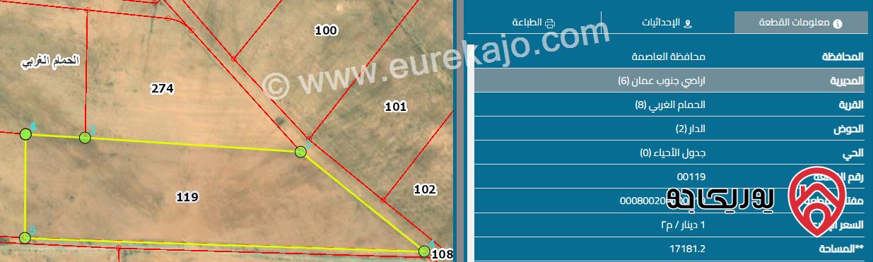 قطعة أرض مساحة 8 دونم و 649 م للبيع من أراضي جنوب عمان - قرية الحمام الغربي