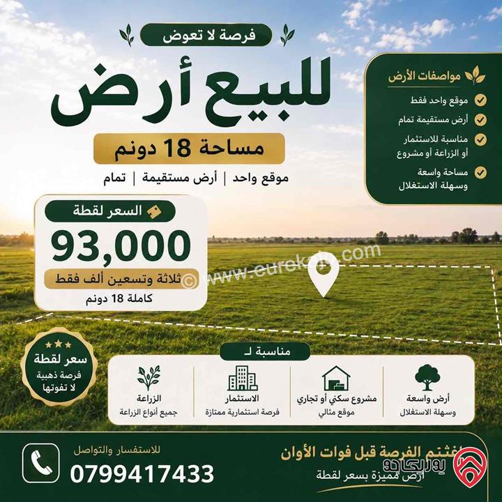 قطعة أرض مساحة 17 دونم و 864م للبيع في الكرك