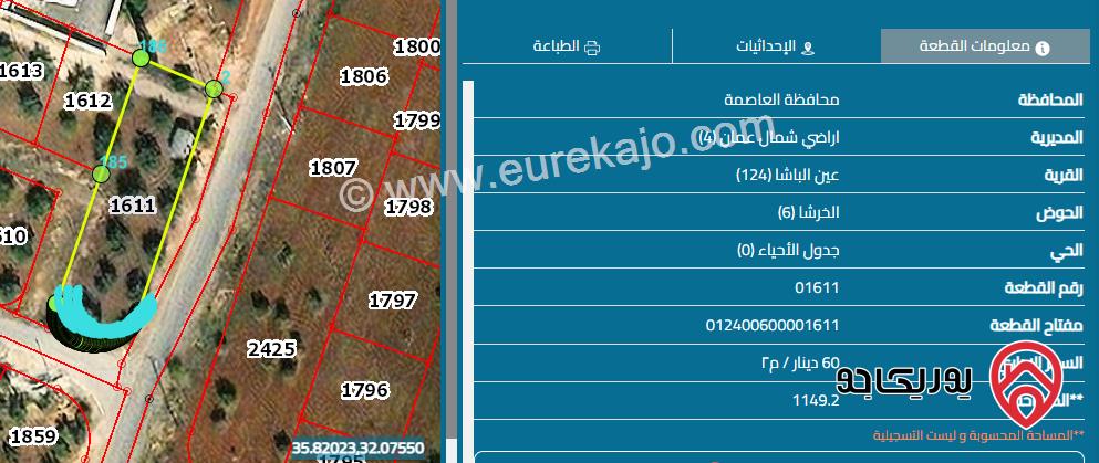 قطعة ارض تجاري مساحة 1 دونم و 149م للبيع في عمان - عين الباشا