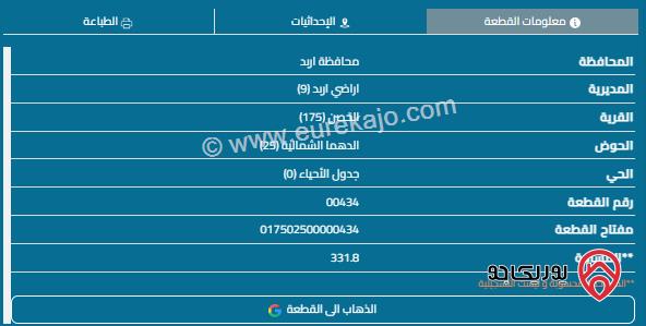 قطعة ارض مساحة 332م للبيع في اربد - الحصن 