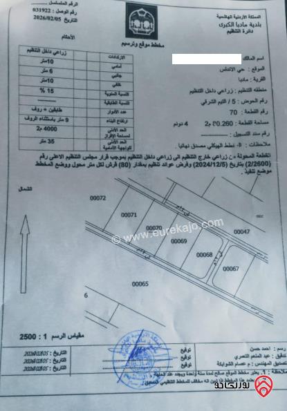 أرض مساحة 4 دونم و 80م للبيع في مادبا 