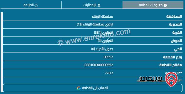 قطعة أرض مساحة 778م للبيع في الزرقاء - الغباوي 