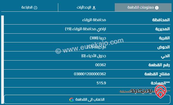 قطعة أرض مساحة 515م للبيع في الزرقاء - جريبا	