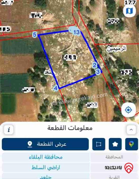 أرض مساحة 3 دونم و 400م للبيع في السلط - جلعد