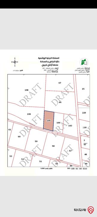 قطعة ارض مساحة 4 دونم و823م للبيع في عمان - وادي العش حوض وادي الشطنة
