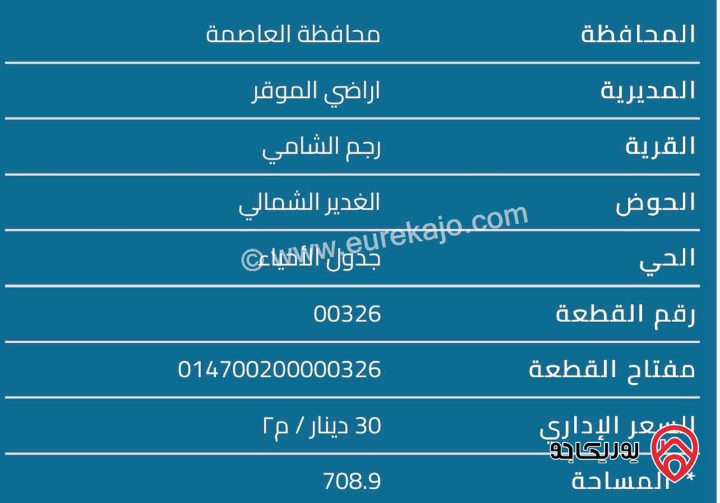 قطعة ارض مساحة 709م للبيع في عمان - منطقة رجم الشامي الغربي قرب شارع المية